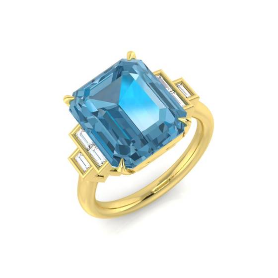 Blue Topaz Emerald and Baguette Diamond Bezel Set Side Stone Ring