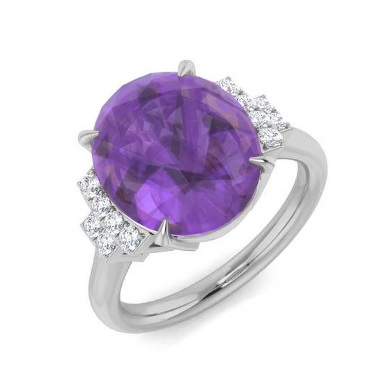 Oval Amethyst and Round Diamond side stone Ring