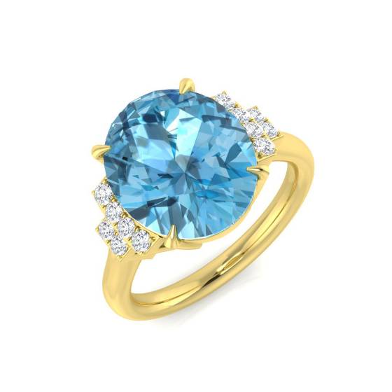 Blue Topaz Oval and Round Diamond Side Stone Ring