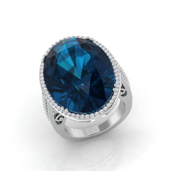 Blue Topaz Oval and Round Diamond Halo Ring
