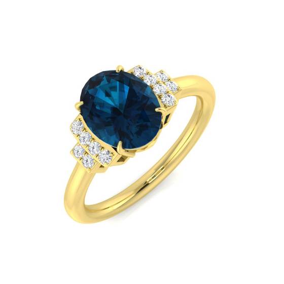 Blue Topaz Oval and Round Diamond Side Stone Ring