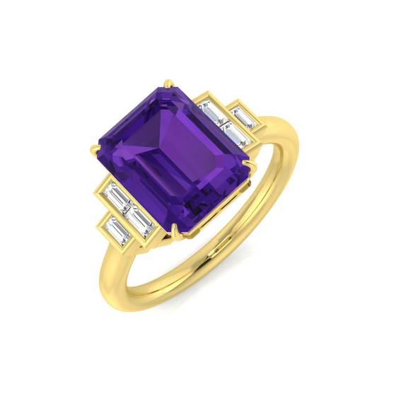 Emerald Amethyst and Baguette Diamond Side Stone Ring