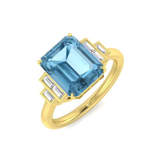 Blue Topaz Emerald and Baguette Diamond Bezel Set Side Stone Ring