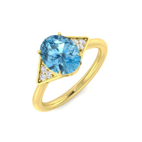 Blue Topaz Oval and Round Diamond Side Stone Ring