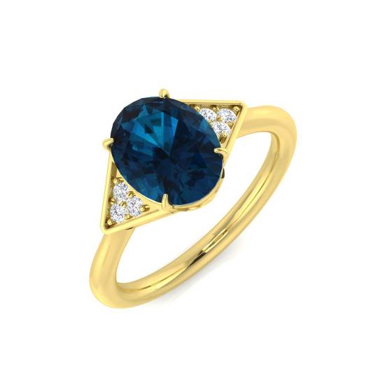 Blue Topaz Oval and Round Diamond Side Stone Ring