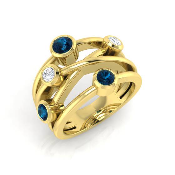 Blue Topaz Round and Diamond Bezel Set Bubble Ring