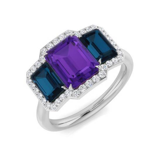 Blue Topaz and Amethyst Gemstone and Round Diamond Halo Trilogy Ring