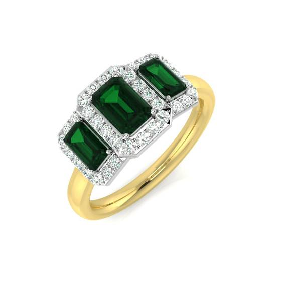 Emerald Green Gemstone and Round Diamond Trilogy Ring