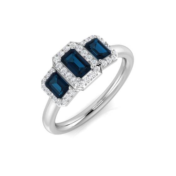 Blue Topaz Emerald shape Gemstone and Round Diamond Trilogy Ring