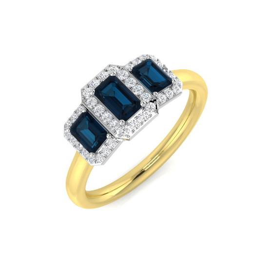 Blue Topaz Emerald shape Gemstone and Round Diamond Trilogy Ring
