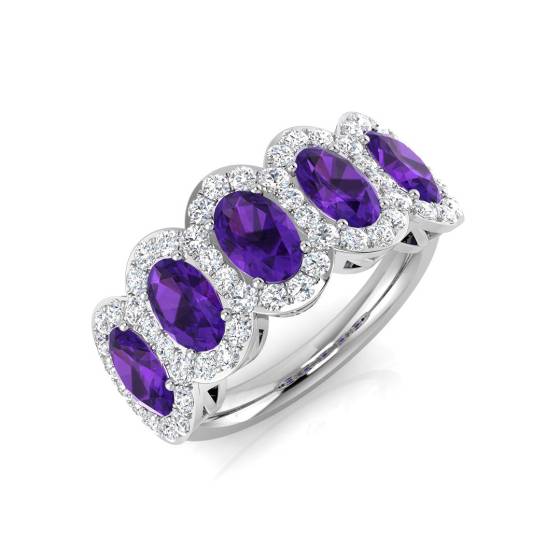 Oval Amethyst and Round Diamond Halo 5 Stone Ring