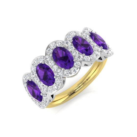 Oval Amethyst and Round Diamond Halo 5 Stone Ring