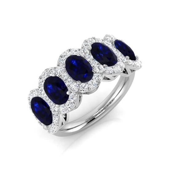 Oval Blue Sapphires and Round Diamond Halo 5 Stone Ring