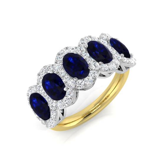 Oval Blue Sapphires and Round Diamond Halo 5 Stone Ring