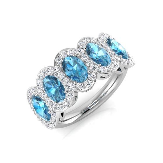 Oval Blue Topaz and Round Diamond Halo 5 Stone Ring