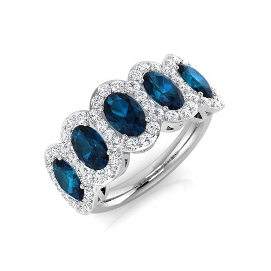 Oval Blue Topaz and Round Diamond Halo 5 Stone Ring