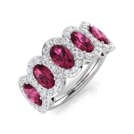 Oval Pink Tourmaline and Round Diamond 5 Stone Ring