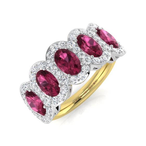 Oval Pink Tourmaline and Round Diamond 5 Stone Ring