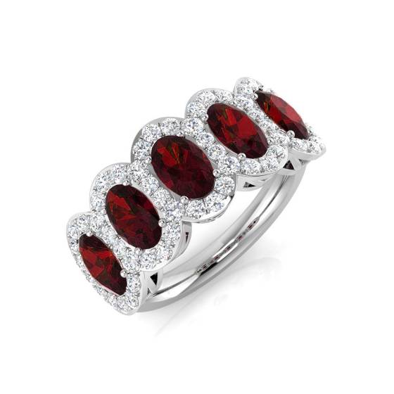 Oval Ruby and Round Diamond Halo 5 Stone Ring