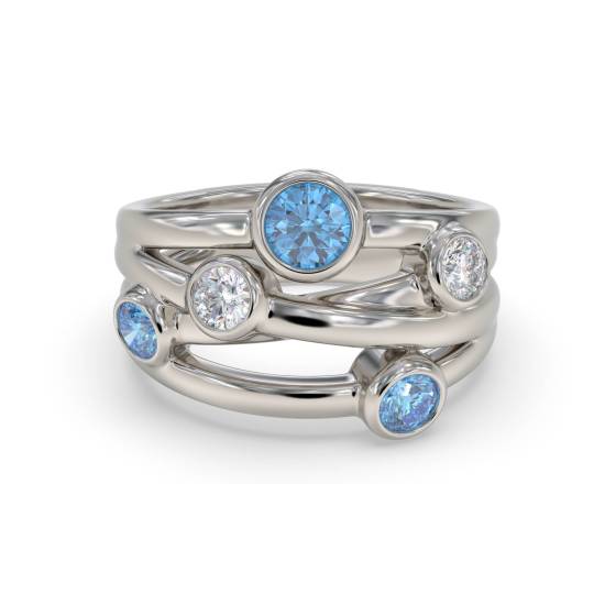 Blue Topaz Round and Diamond Bezel Set Bubble Ring