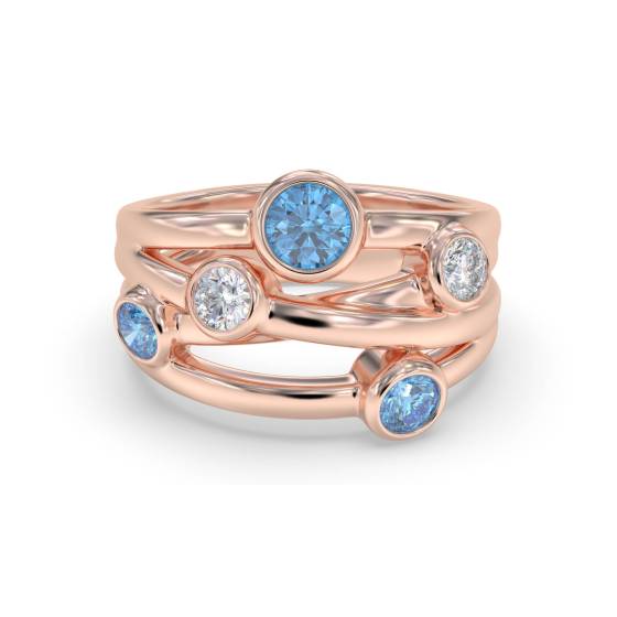 Blue Topaz Round and Diamond Bezel Set Bubble Ring