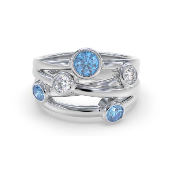 Blue Topaz Round and Diamond Bezel Set Bubble Ring