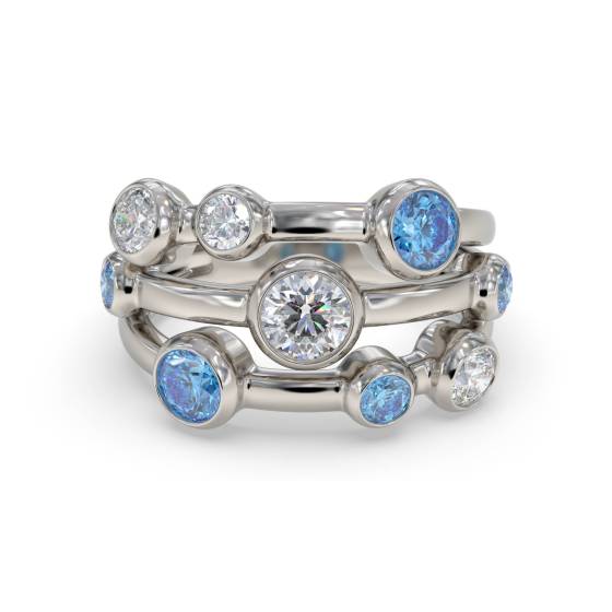 Blue Topaz Round and Diamond Bezel Set Bubble Ring