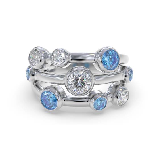 Blue Topaz Round and Diamond Bezel Set Bubble Ring