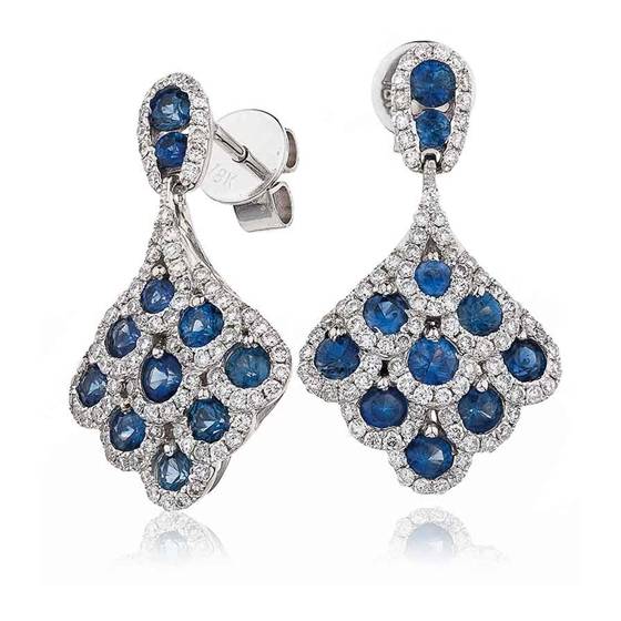 Round Blue Sapphire and Diamond Drop Earrings