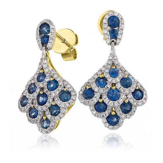 Round Blue Sapphire and Diamond Drop Earrings
