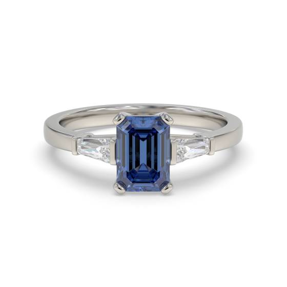 Emerald Blue Sapphire and Baguette Diamond Trilogy Ring