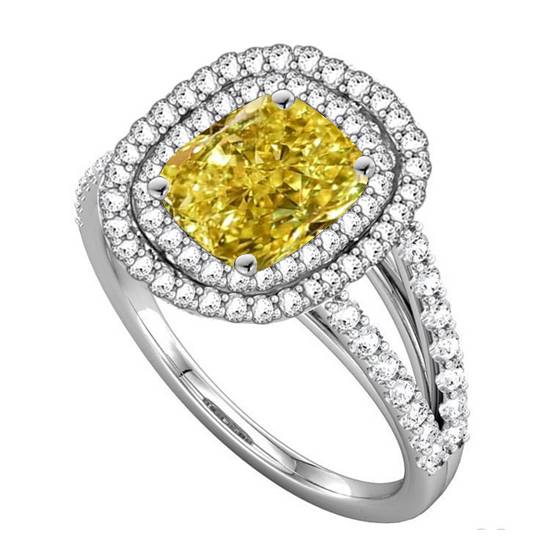 Fancy Yellow Radiant Diamond Halo Shoulder Set Ring