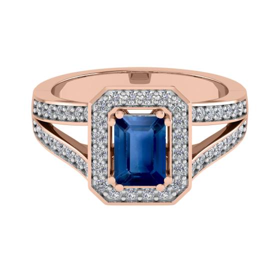 Blue Sapphire and Diamond Halo Shoulder Set Ring