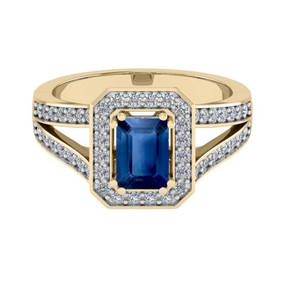 Blue Sapphire and Diamond Halo Shoulder Set Ring