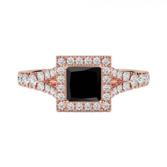 Princess Black Diamond Single Halo Shoulder Set Ring