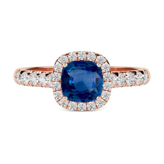 Cushion Blue Sapphire and Diamond Single Halo Shoulder Set Ring