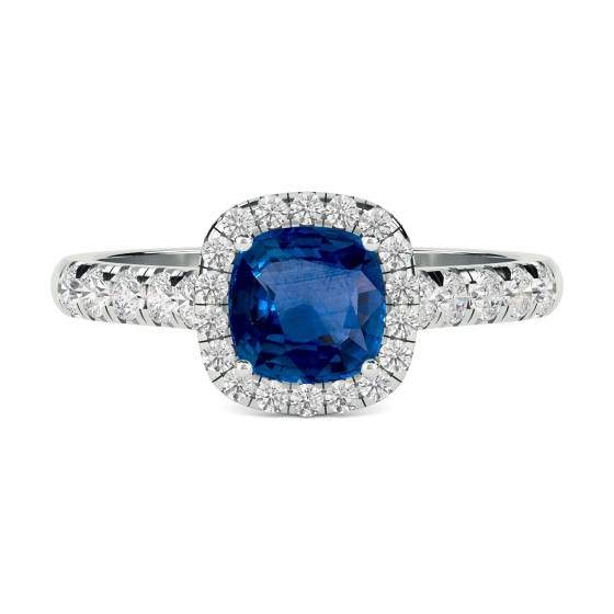Cushion Blue Sapphire and Diamond Single Halo Shoulder Set Ring