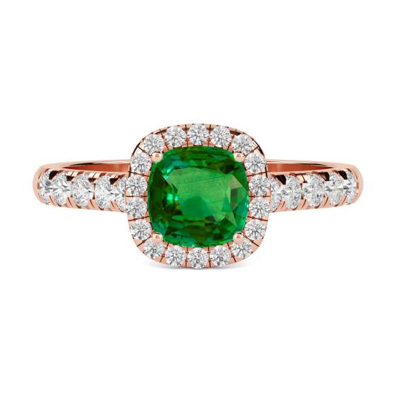 Green Emerald Cushion Shaped Diamond Single Halo Shoulder Set Ring