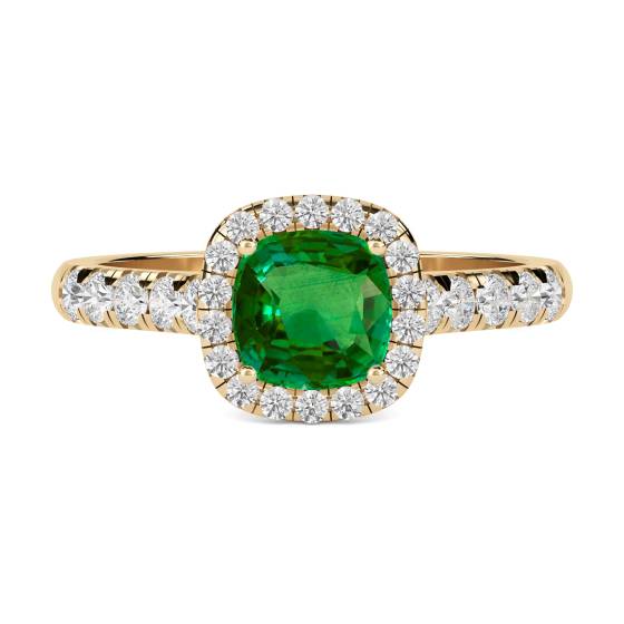 Green Emerald Cushion Shaped Diamond Single Halo Shoulder Set Ring