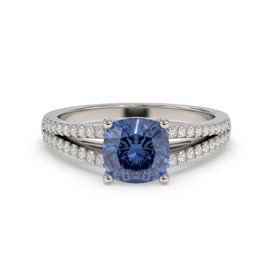 Fancy Blue Sapphire Cushion Diamond Shoulder Set Ring