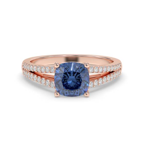 Fancy Blue Sapphire Cushion Diamond Shoulder Set Ring