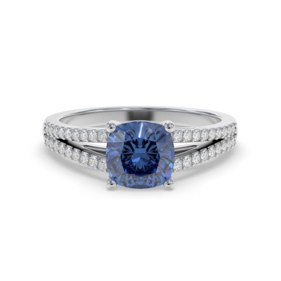 Fancy Blue Sapphire Cushion Diamond Shoulder Set Ring