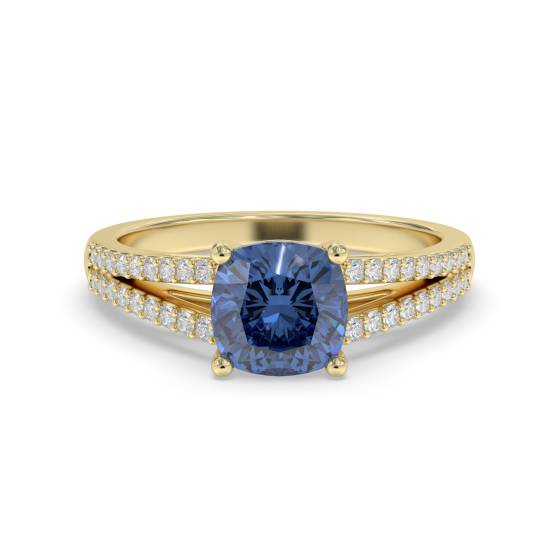 Fancy Blue Sapphire Cushion Diamond Shoulder Set Ring