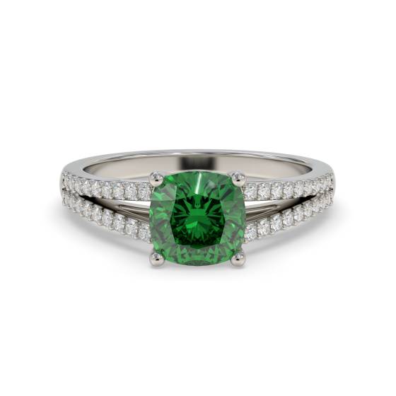 Fancy Emerald Green Cushion Diamond Shoulder Set Ring