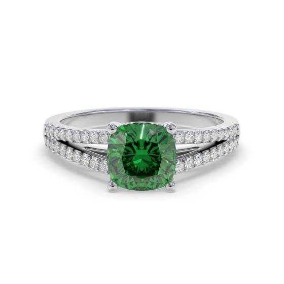 Fancy Emerald Green Cushion Diamond Shoulder Set Ring