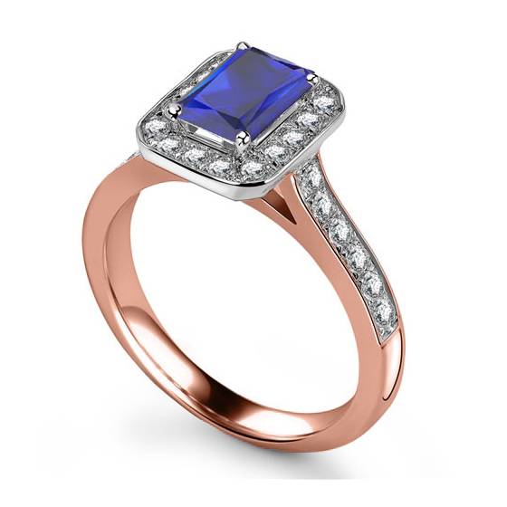 Radiant Blue Sapphire and Diamond Halo Ring