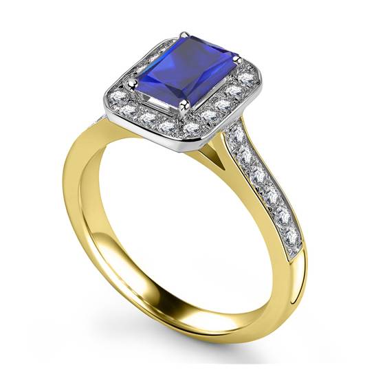 Radiant Blue Sapphire and Diamond Halo Ring