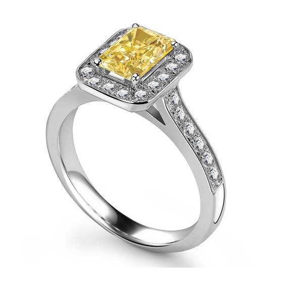 Fancy Yellow Radiant Diamond Halo Shoulder Set Ring
