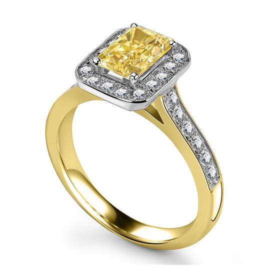 Fancy Yellow Radiant Diamond Halo Shoulder Set Ring