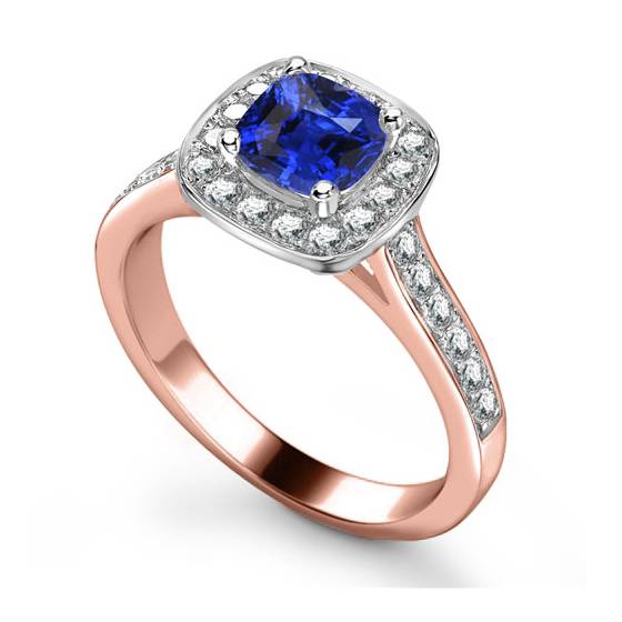 Blue Sapphire and Diamond Single Halo Shoulder Set Ring